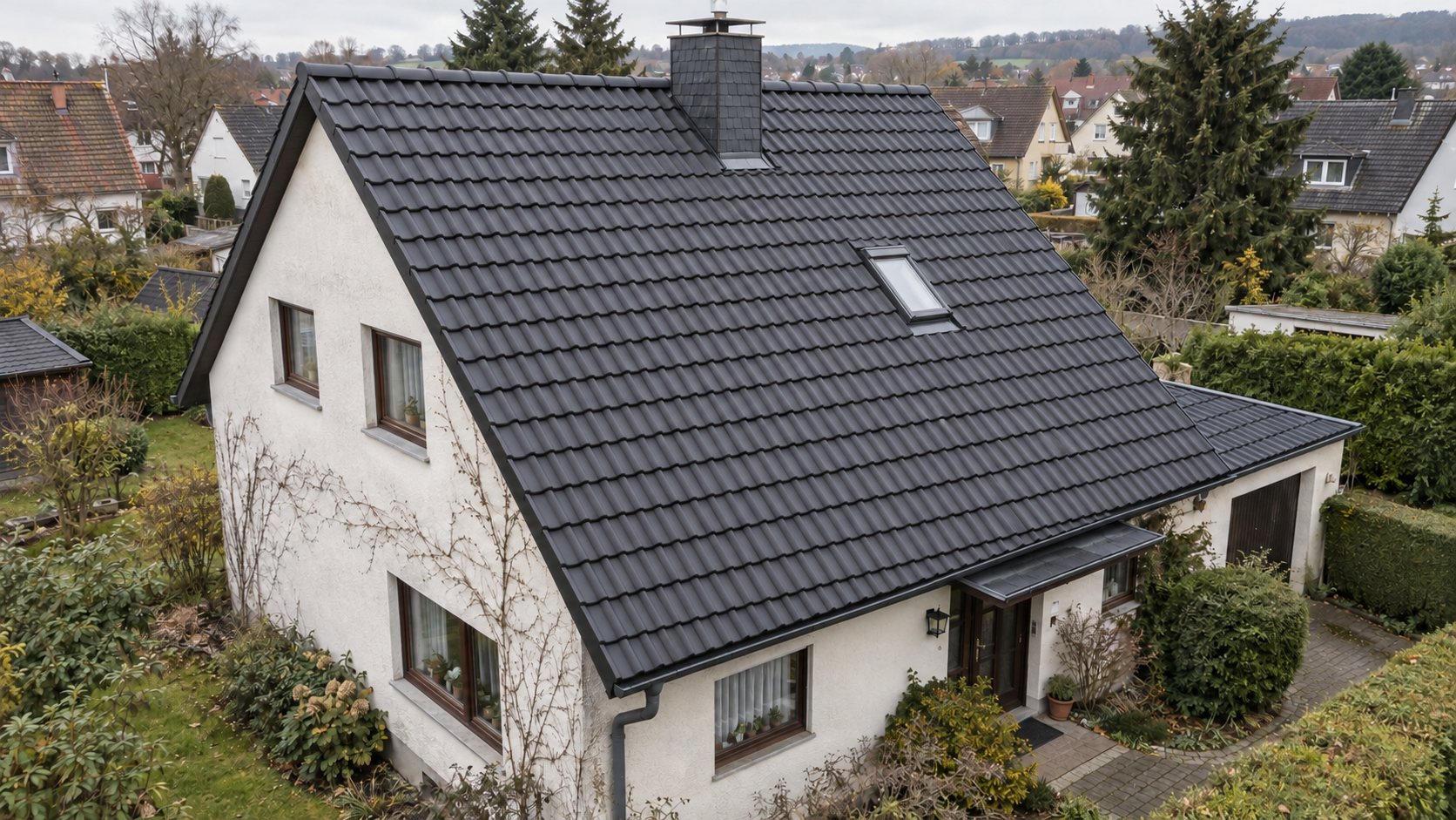 Dasselbe Haus mit frisch saniertem anthrazitfarbenem Dach