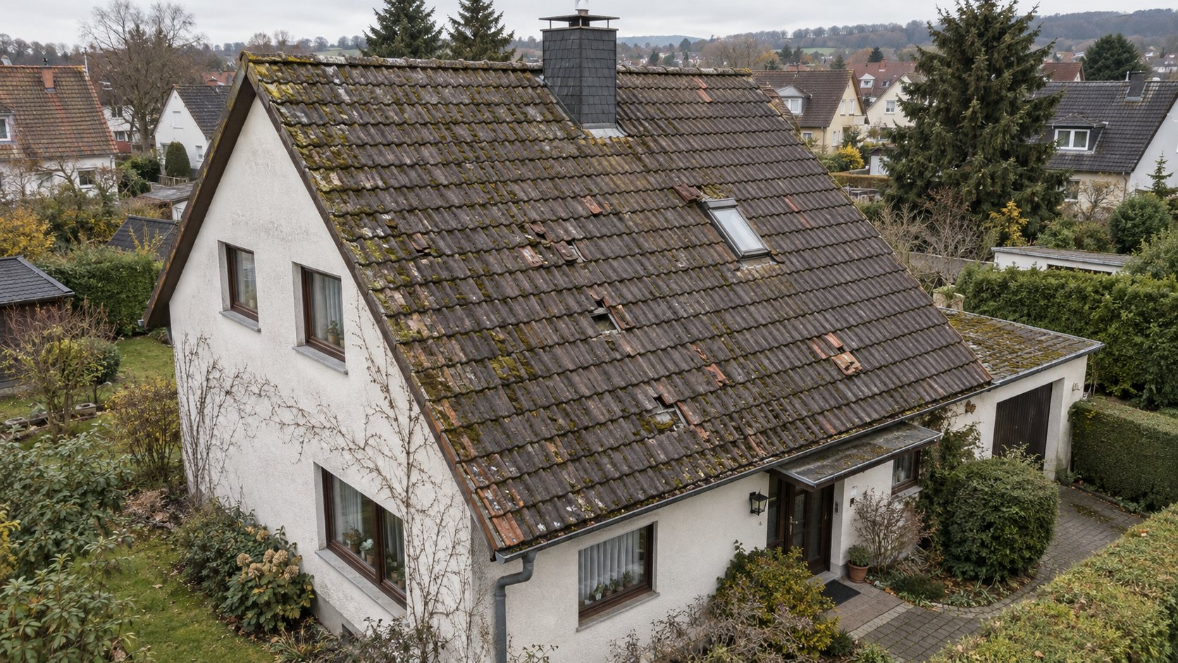 Altes, moosbewachsenes Ziegeldach eines Einfamilienhauses
