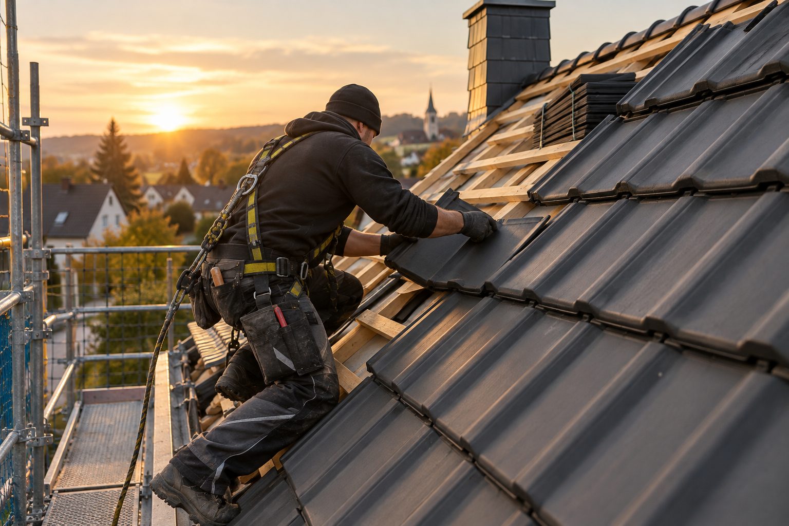 Dachdecker bei der Arbeit auf einem frisch gedeckten Dach